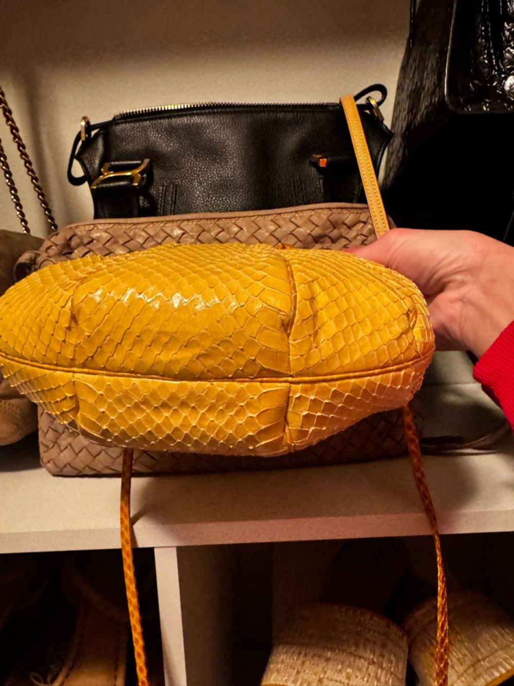 Judith Leiber Mustard Yellow Python-Texture Drawstring Crossbody - Picture 2 of 4